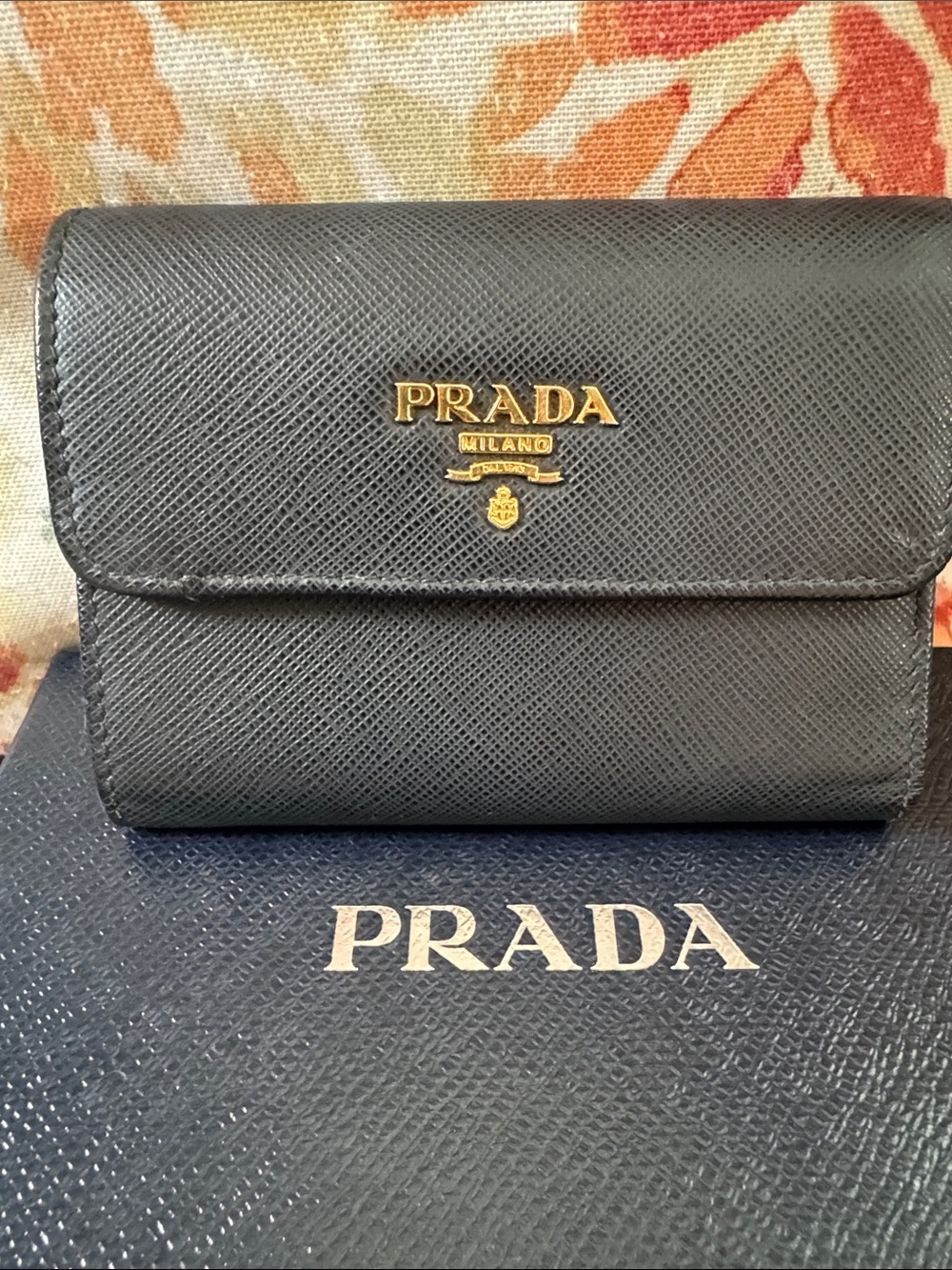 Prada Black Saffiano Leather Compact Wallet with Gold Logo